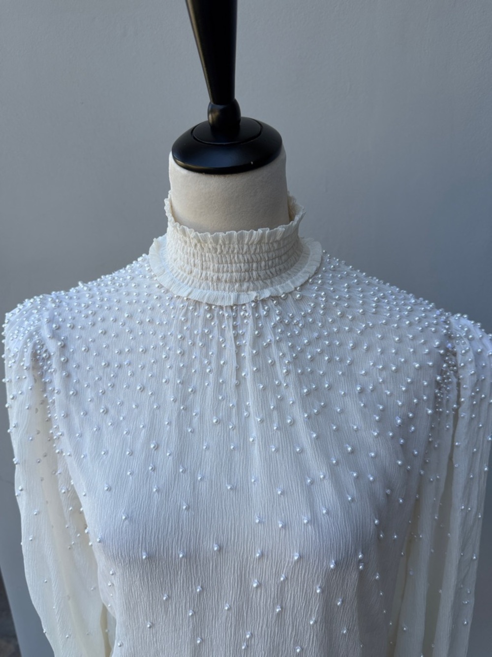 RETROFETE Ivory Pearl-Embellished Mock Neck Blouse Top Semi Sheer Silk Small